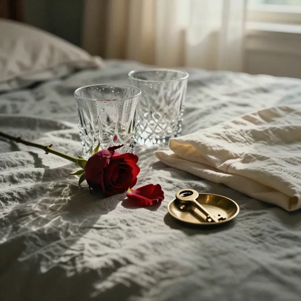Crystal tumblers, rose stem, ivory linens, and brass dish in soft side light.