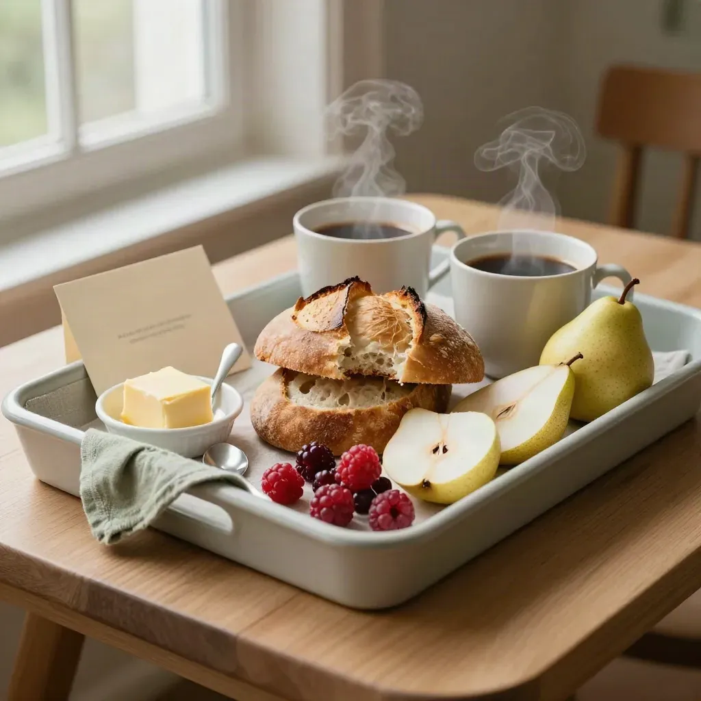 Breakfast tray with bread, fruit, butter, and steaming drinks on linen, softly lit in a calm hotel setting.