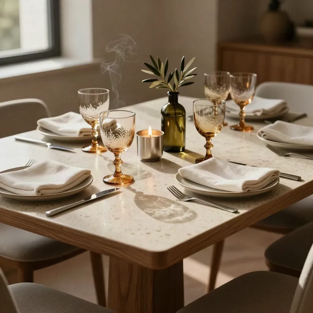 A refined four-place dinner table with candles, glassware, plates, linen, and olive branches.