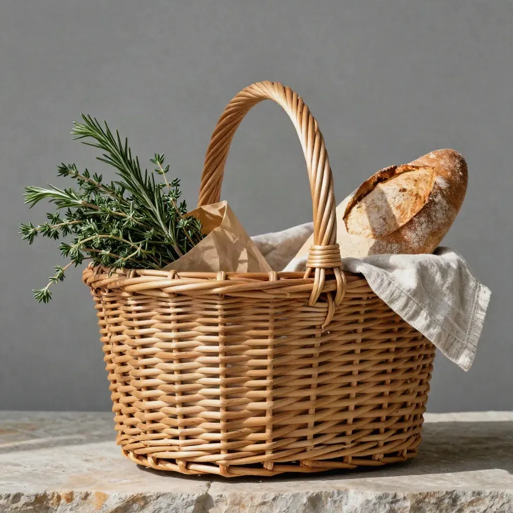 Woven market basket with herbs, bread, and wrapped produce on stone