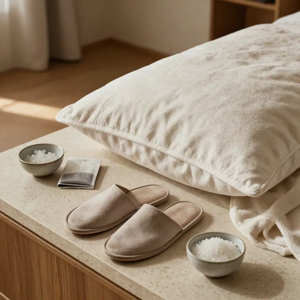 Ivory robe, slippers, tea, and bath salts beside a linen pillow in soft hotel light.