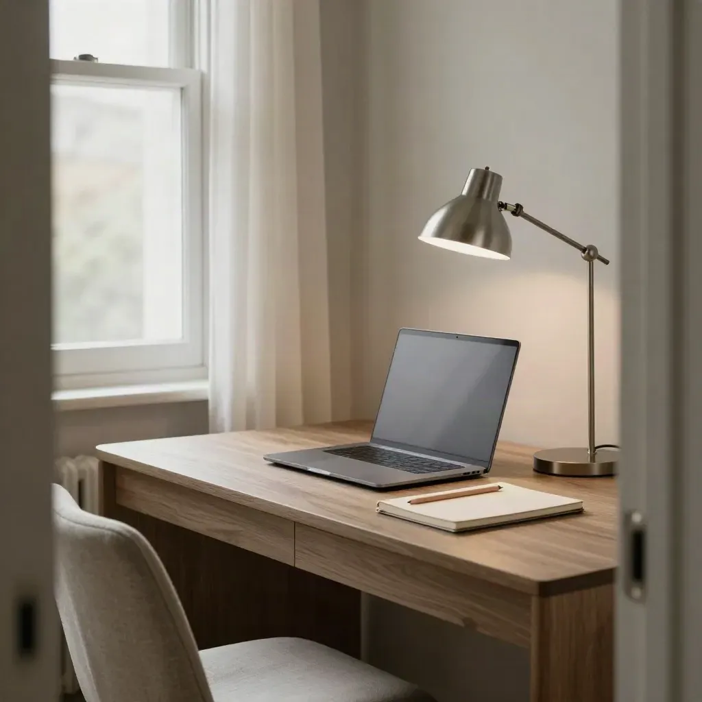 Quiet work room with a closed laptop, notebook, lamp and empty chair by the window.