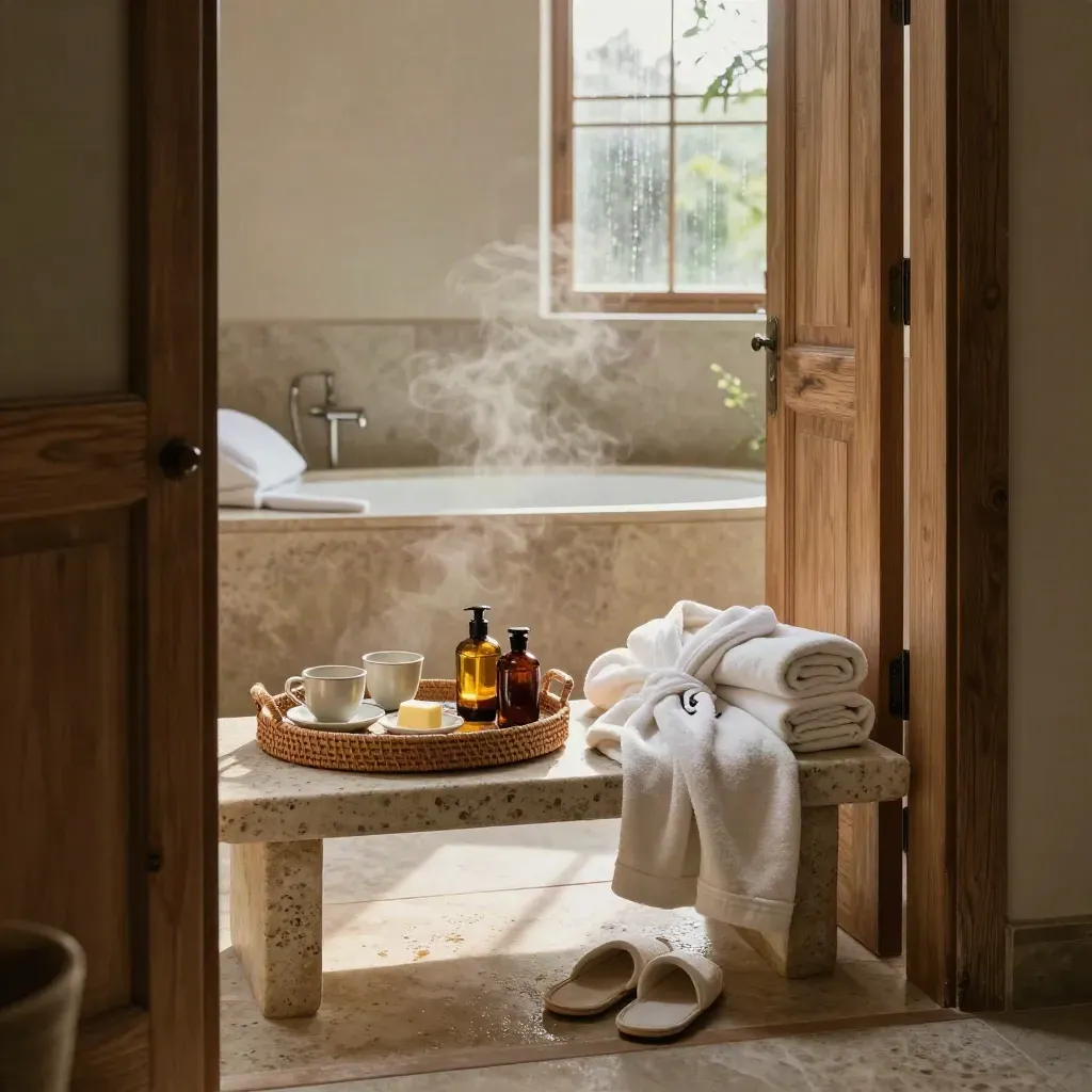 Open suite threshold with breakfast tray, spa slippers, robe, and bath ritual set in rain-bright light.