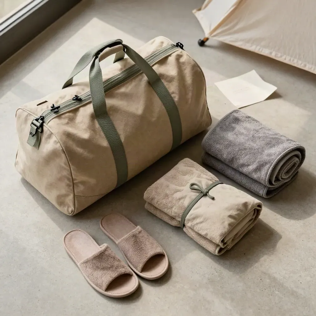 Overhead flatlay of a duffel, robe, towel, slippers and amenity pouch on pale stone.