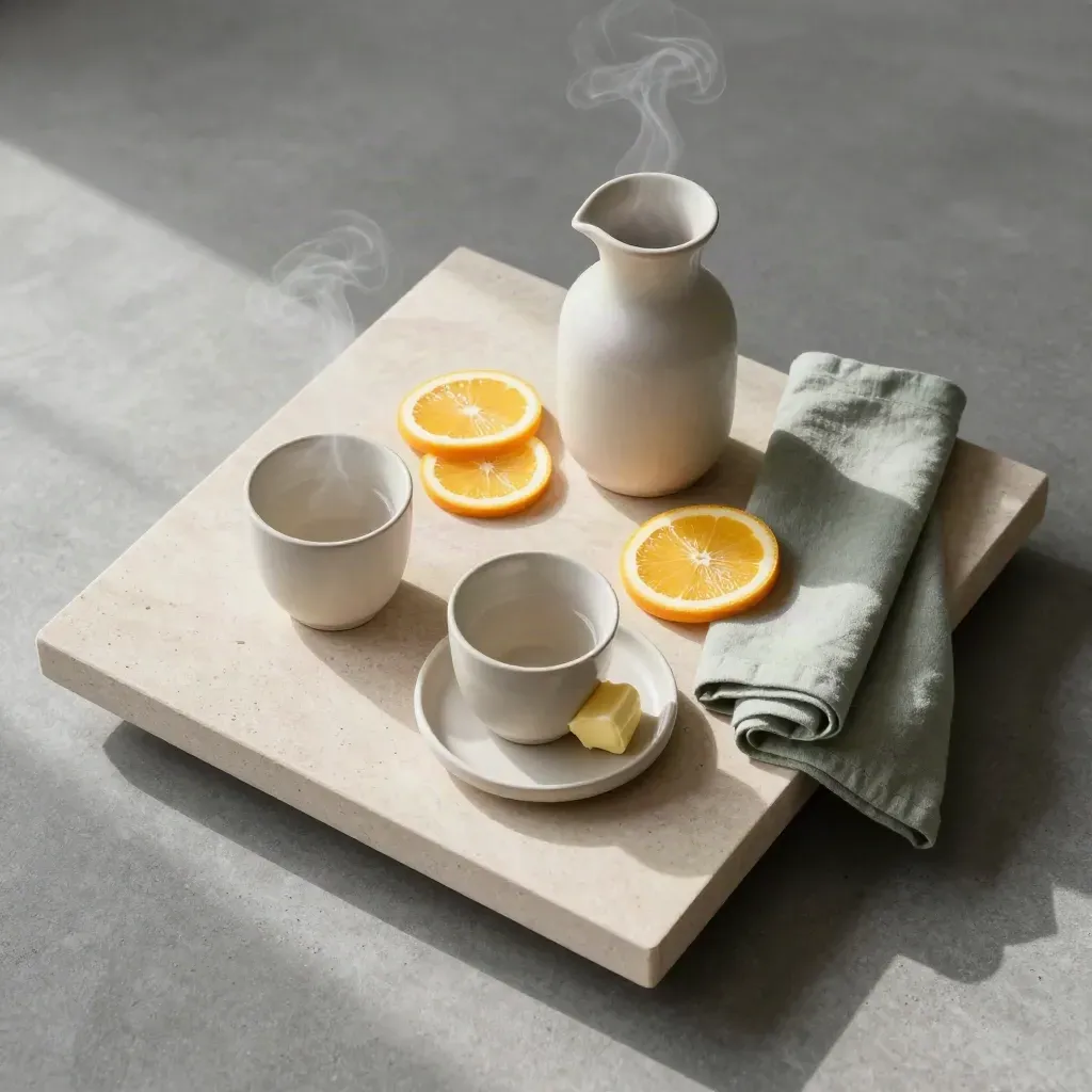 Overhead breakfast flatlay with steaming cups, carafe, citrus, butter, and sage napkin.