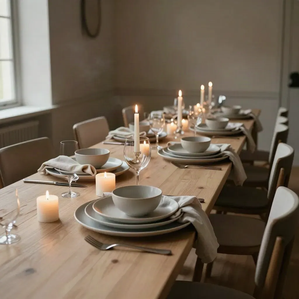 Long private-event table with lit candles, stacked ceramics, and tucked chairs in a serene manor room.