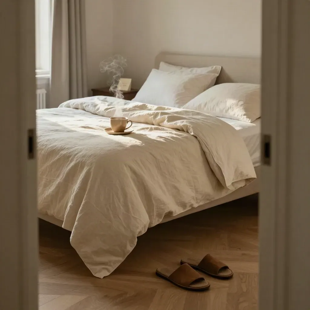 Late-checkout bedroom with rumpled bed, slippers, coffee, and morning light.