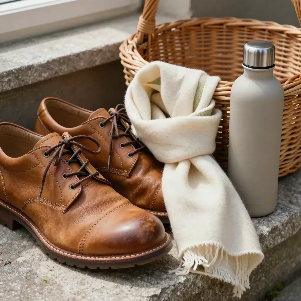 Leather walking shoes, scarf, basket and flask on a stone step, ready for a village walk.