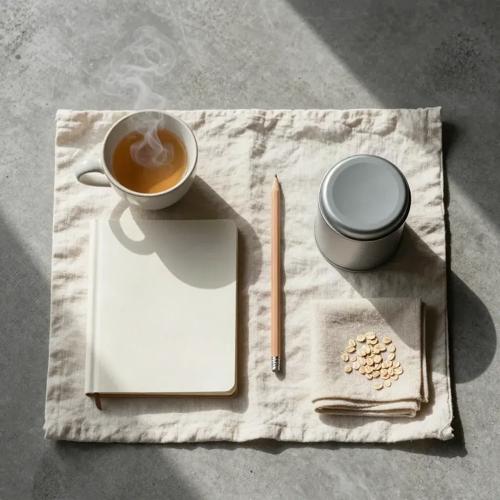 Overhead flatlay of tea steam, cup, notebook, pencil, tin, and napkin on pale linen and concrete.