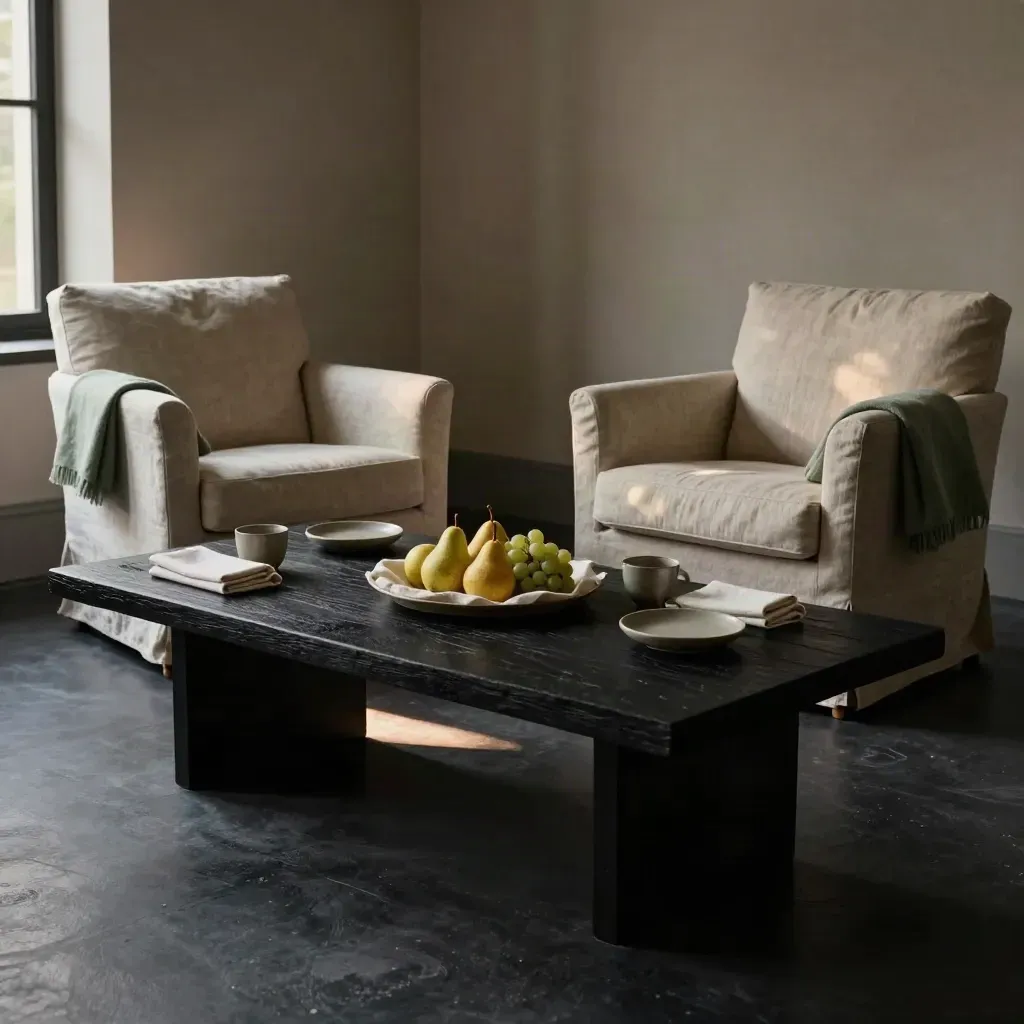 Two armchairs and a coffee table set for four with fruit and throws in a warm lounge.