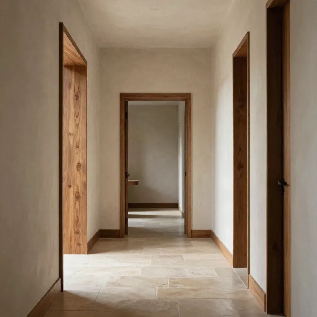 Sunlit boutique corridor with pale walls, oak trim, and a distant doorway.