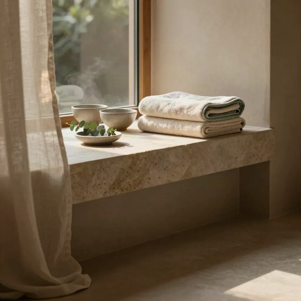 Stone spa corner with folded towels, ceramic bowls and a lifted linen curtain in soft sun