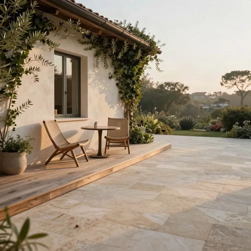 Sunlit stone terrace with chair, table, and climbing ivy in calm golden light.