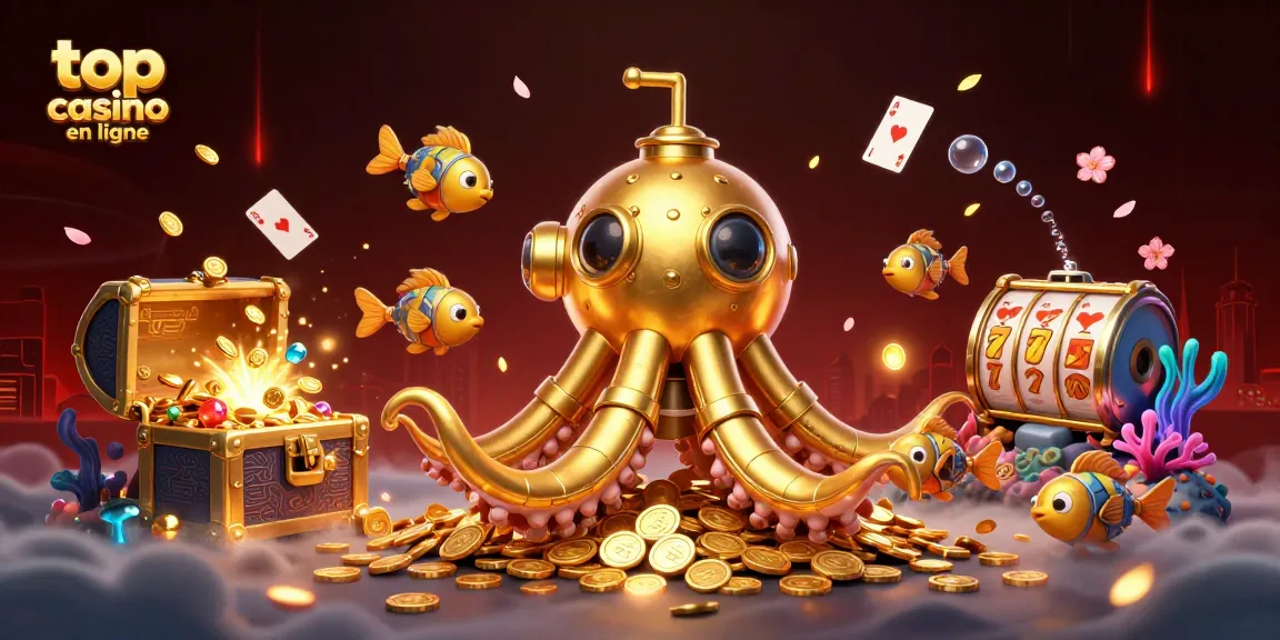 Visualisez le top casino en ligne avec une illustration de kraken et de pièces d'or dans un environnement ludique.