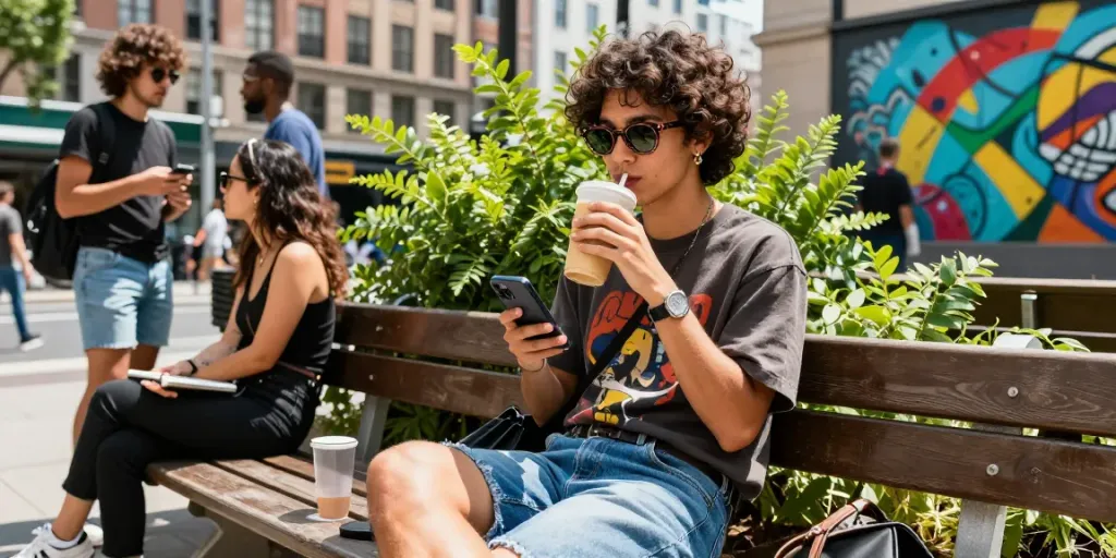 Estilo casual com óculos de sol moderno em ambiente urbano durante o dia ensolarado.