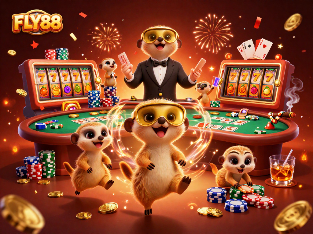 FLY88 meerkats celebrate a winning casino operation with colorful slot reels and vibrant games everywhere.