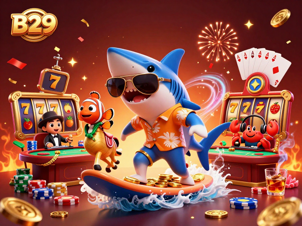B29 players riding waves of gold coins with vibrant characters and casino elements, showcasing engaging gameplay.