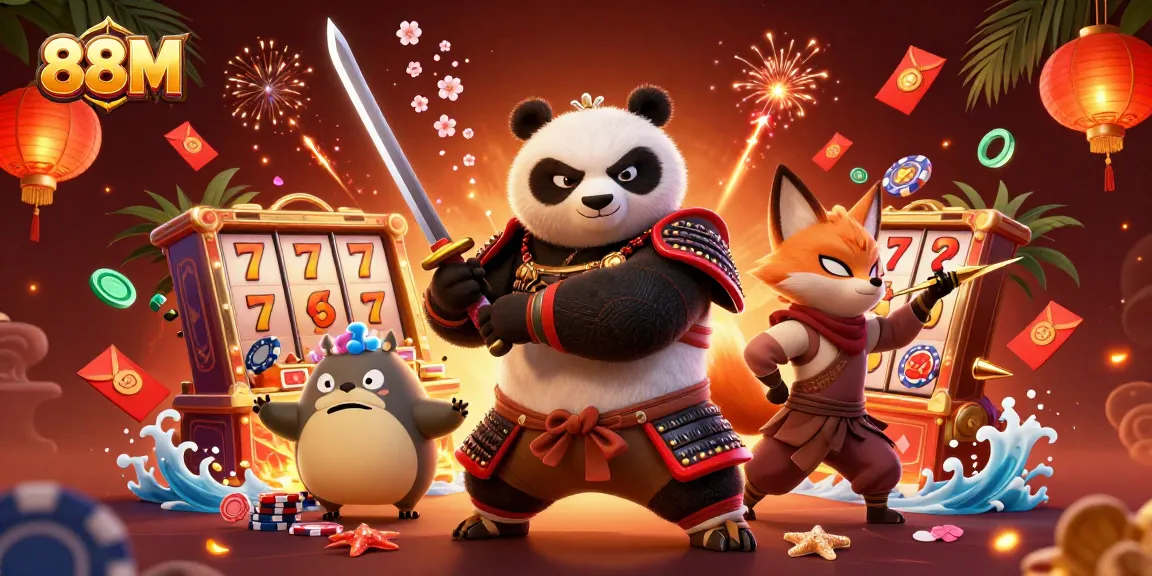 Experience thrilling 88M gameplay with a vibrant samurai panda and ninja fox amidst rich casino elements.