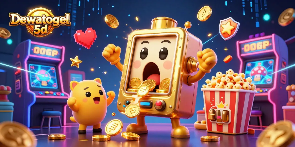 Dewatogel 5d showcases an animated golden slot machine celebrating a jackpot, embodying vibrant casino energy.