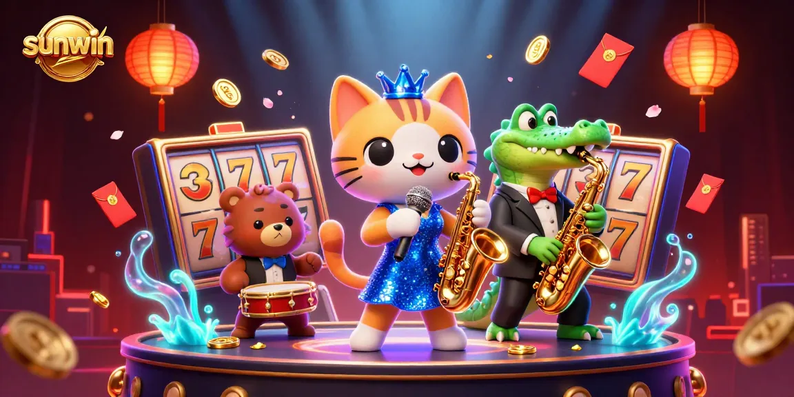 Engage in thrilling casino vibes with sunwin illustrated as a jazzy cat performance filled with lucky symbols.