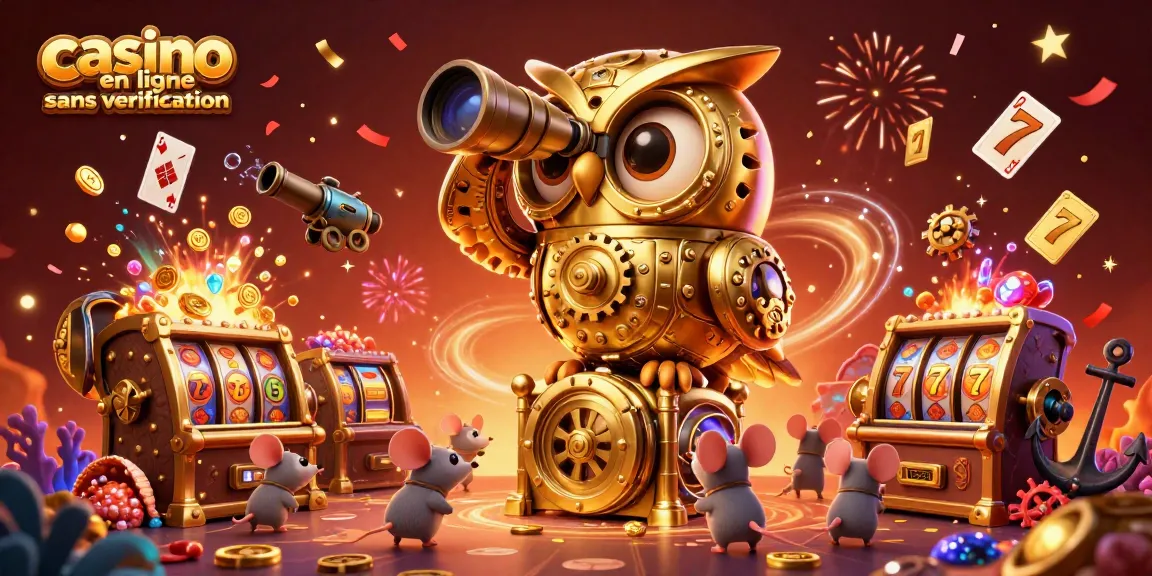 Jouer dans un casino en ligne sans vérification avec une illustration de hibou mécanique et des souris musiciens