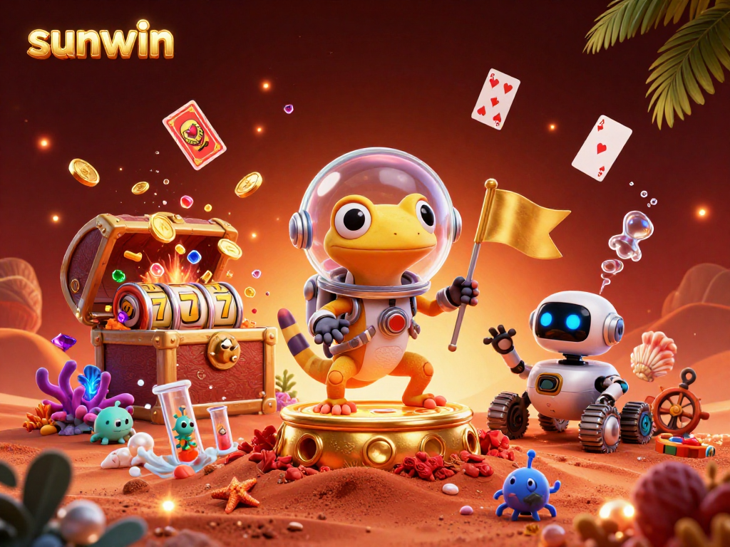Win big at sunwin with a Martian gecko discovering a buried golden casino in this vibrant 3D illustration.