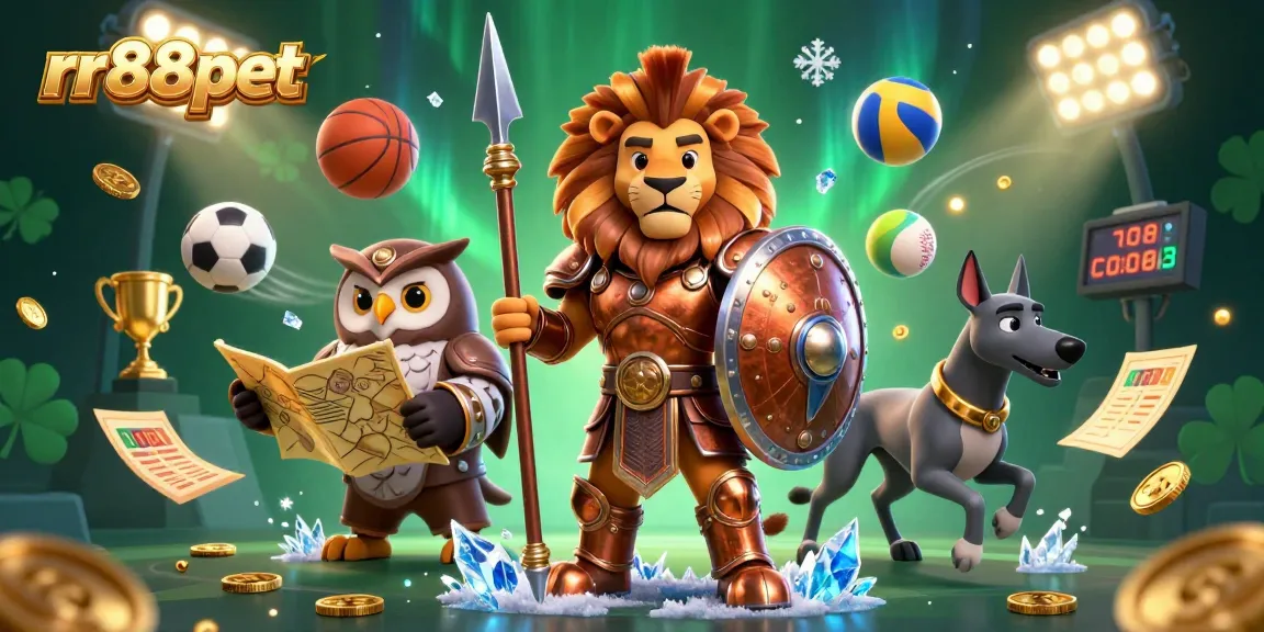 Experience thrilling bets at rr88pet with a dynamic casino scene featuring a hero lion and gaming elements.