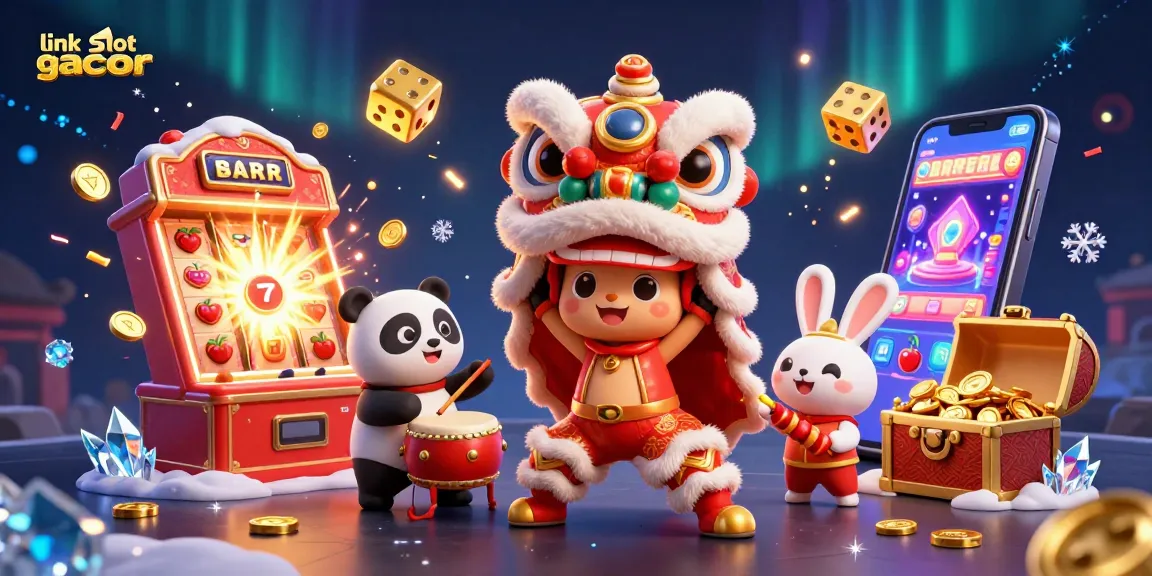 Experience exciting gameplay at link slot gacor with lively characters amid jackpot symbols and festive decorations.