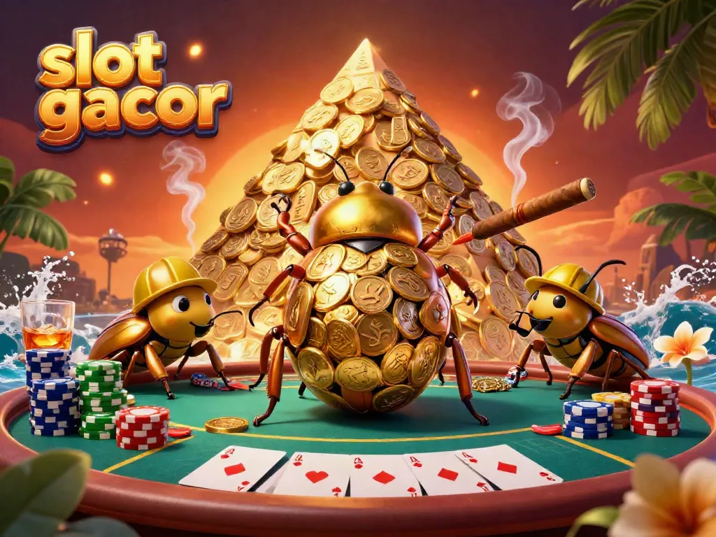 Experience the thrill of slot gacor with this vibrant scene featuring golden beetles and poker elements.