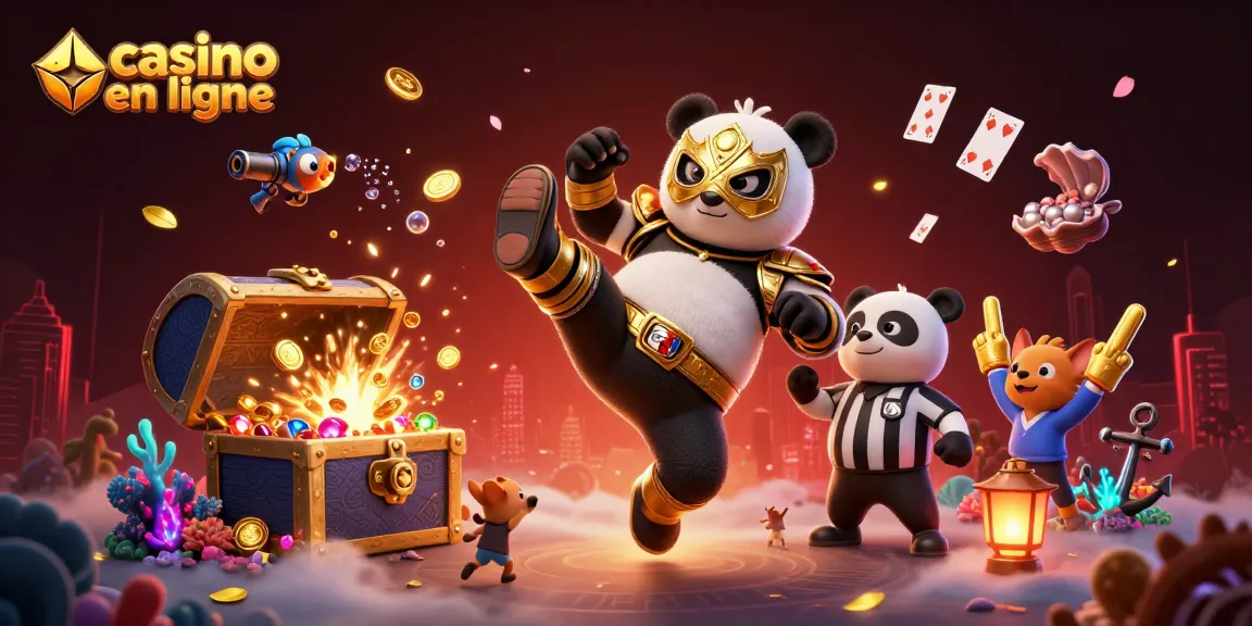 Illustration dynamique de casino en ligne avec panda lutteur, spectateurs animés et éléments de jeux.