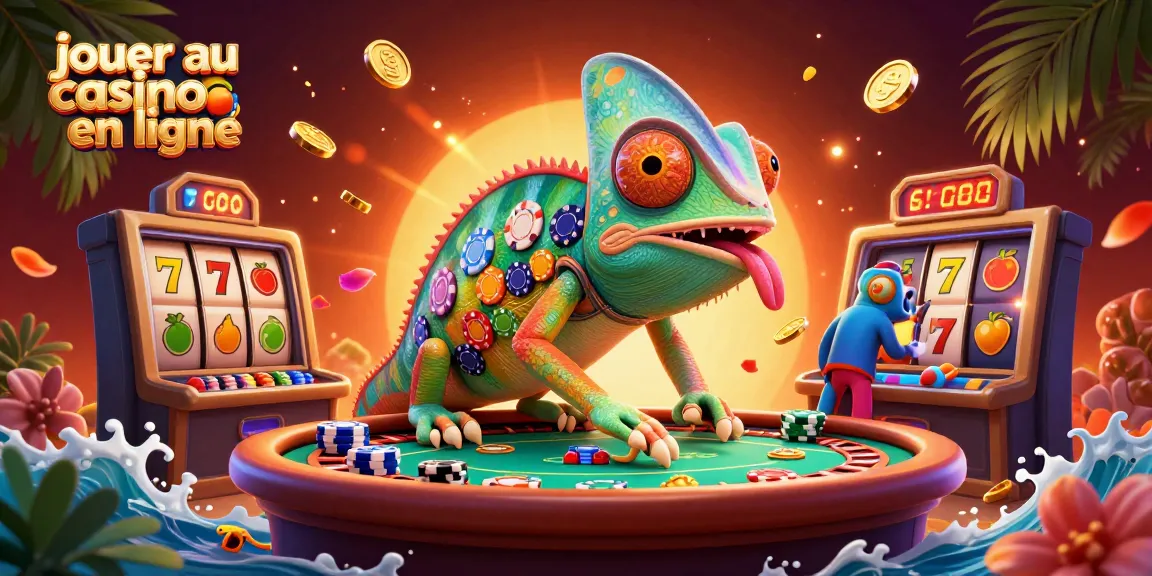 Jouer au casino en ligne avec le propriétaire caméléon vibrant entouré de rouleaux de machines à sous et de symboles chanceux.