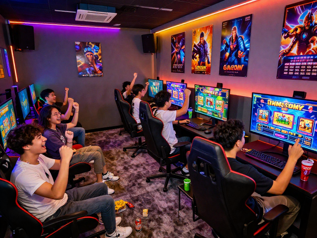 Engaging friends playing slot gacor games in a vibrant gaming lounge.
