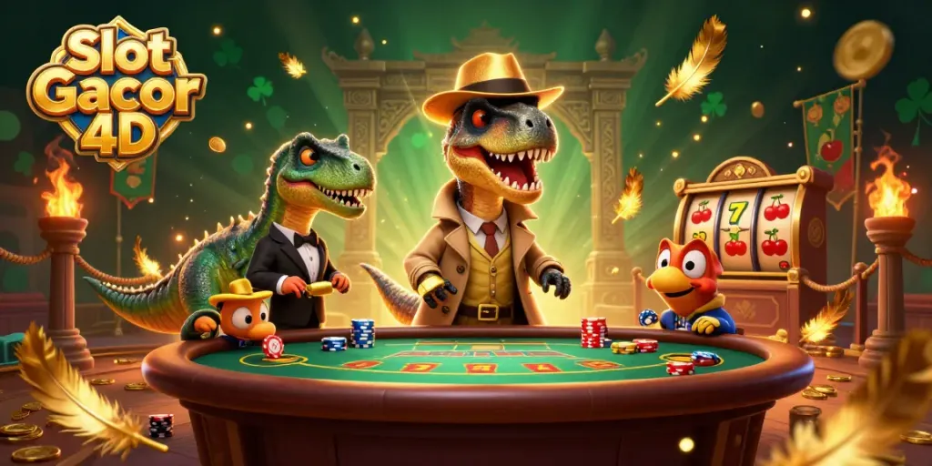 Slot Gacor 4D: Ilustrasi 3D yang menghibur dengan karakter dinosaurus dan elemen kasino