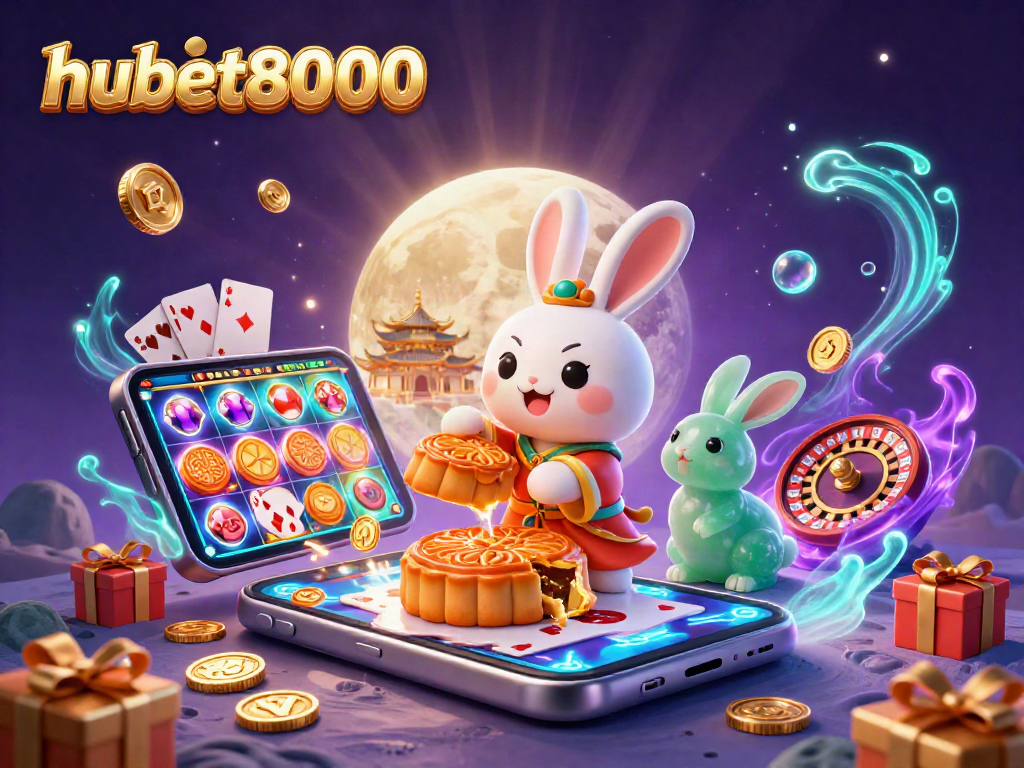 Experience the excitement with hubet8000 as the moon rabbit reveals poker chips in an engaging casino scene.