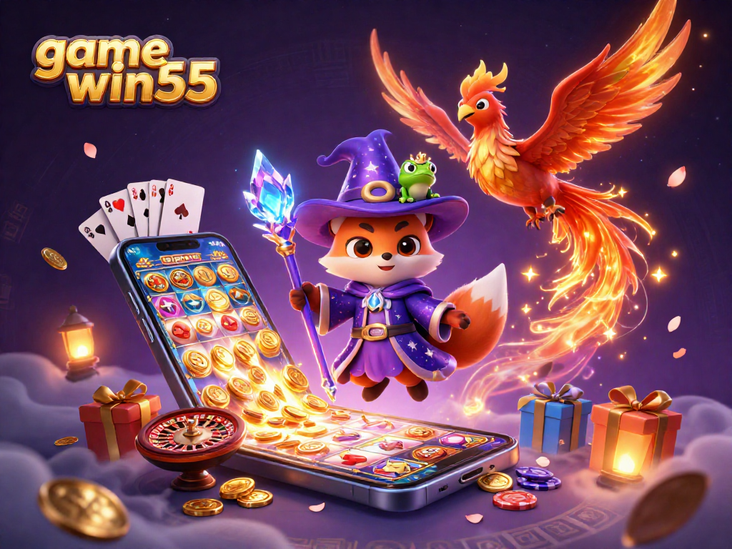 Experience game win55 excitement with a wizard fox, phoenix, and casino elements in a magical 3D scene.