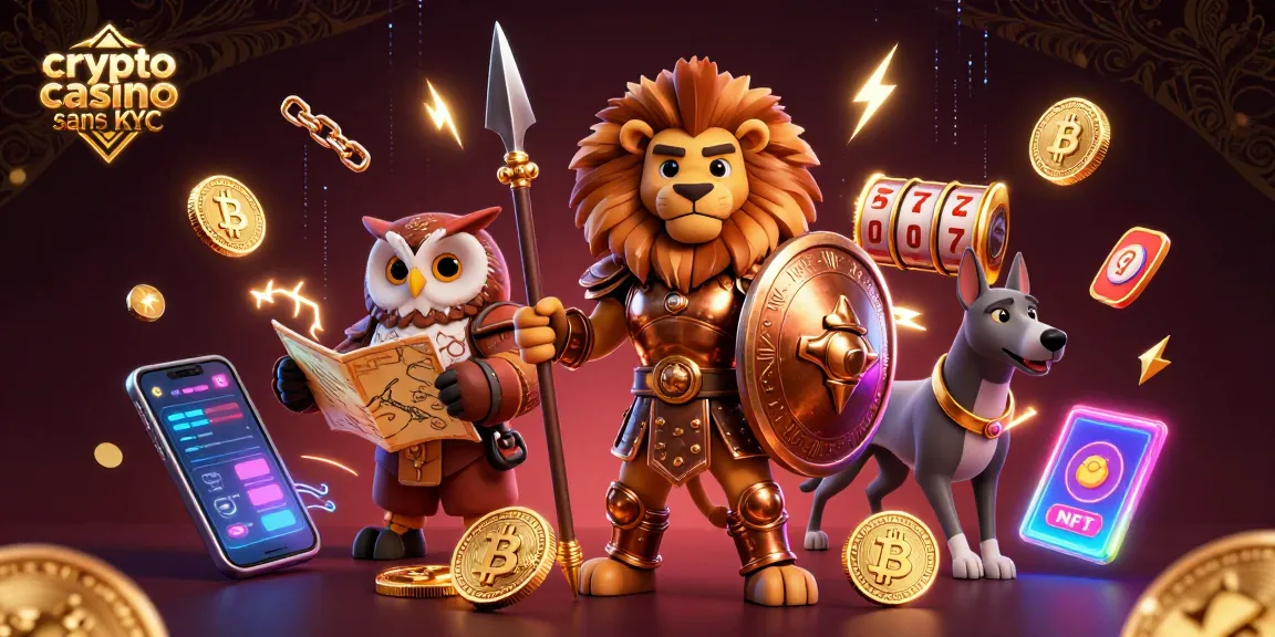 Jouez dans un crypto casino sans KYC avec des personnages en action, des pièces et des éléments de jeu virtuels.