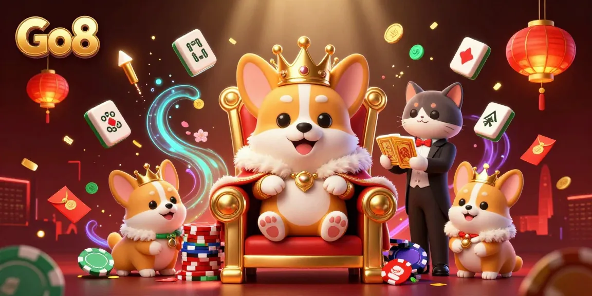 Engage with Go8's vibrant 3D casino world full of excitement, featuring a royal corgi and dynamic game elements.
