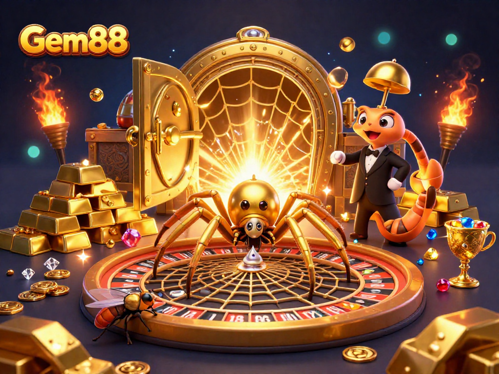 Betting at Gem88: A colorful scene of a golden spider and centipede croupier in a vibrant casino.