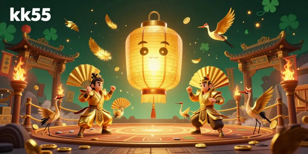Engage with kk55's vibrant casino spirit, featuring glowing lanterns and luck symbols amidst dynamic gaming elements.