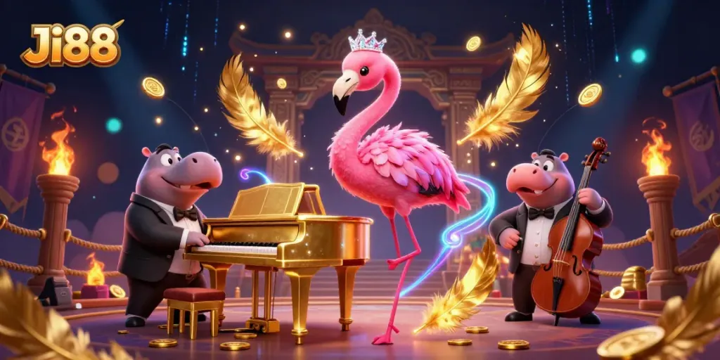 Play exciting casino games at Ji88 with vibrant characters and dynamic elements in this colorful illustration.