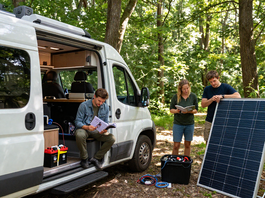 Rokok88 community members engaging in van electrics discussions amidst nature.