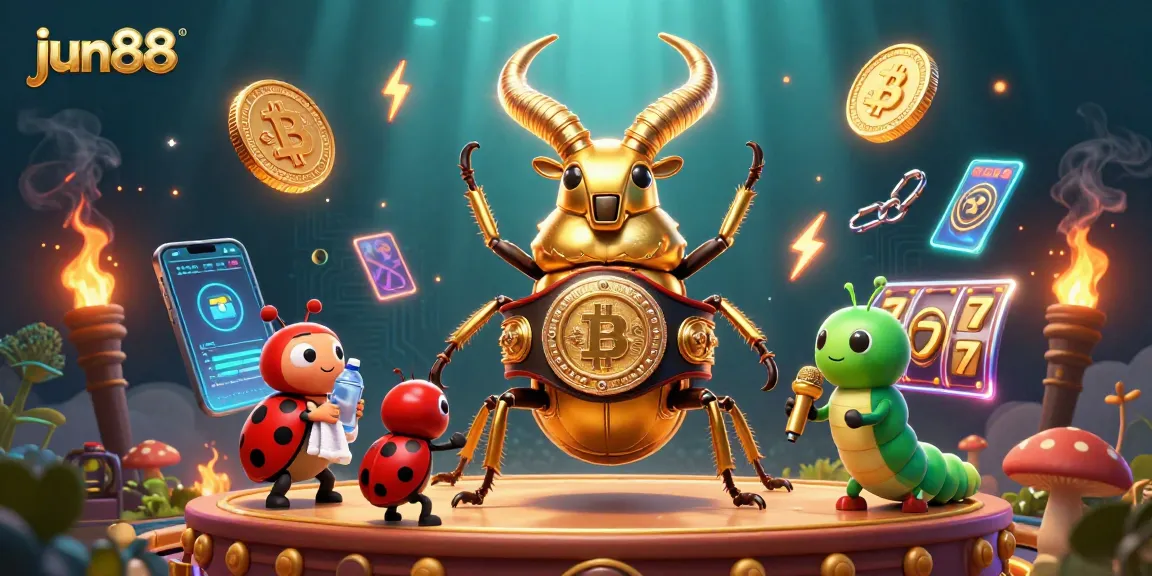 Join the fun at jun88 with a powerful boxing beetle and vibrant casino elements surrounding them.