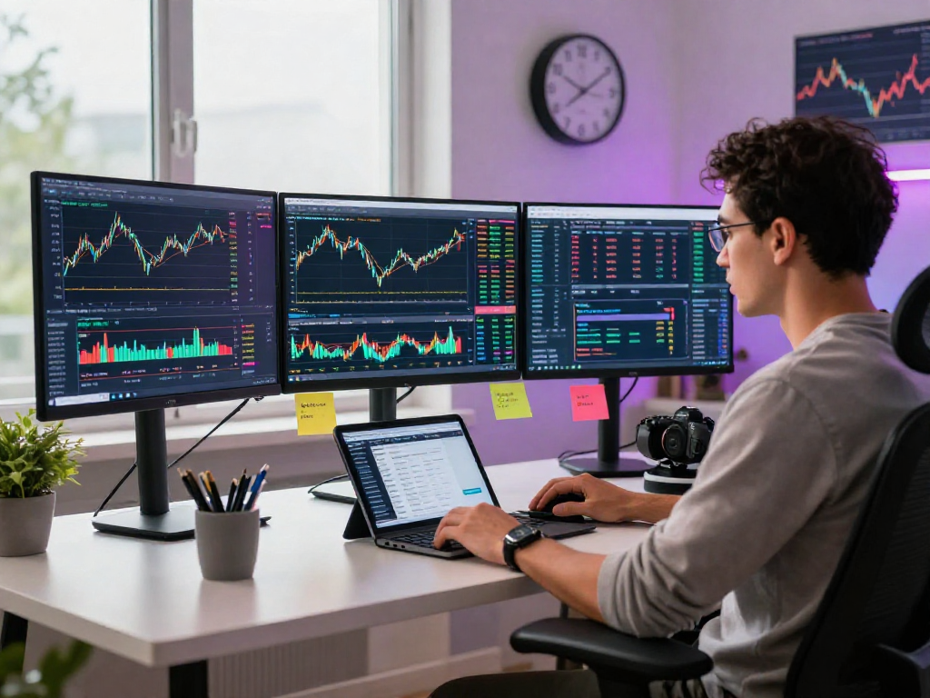 TradingView market analysis on multiple screens in a vibrant digital workspace