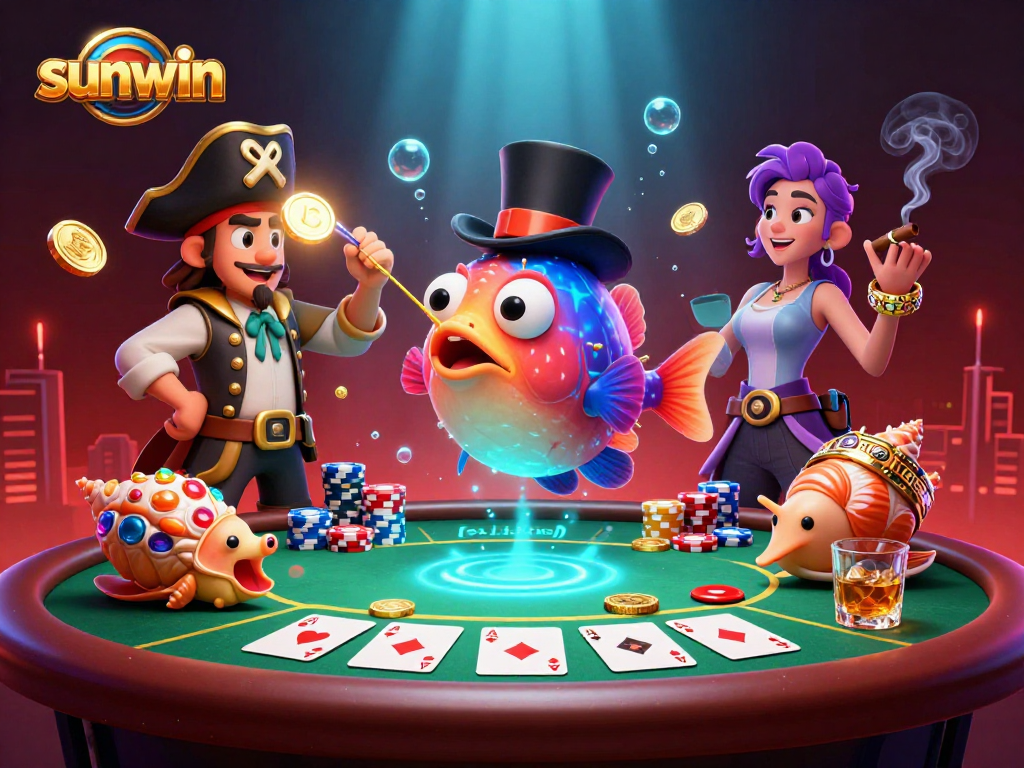 Sunwin invites players to enjoy an underwater poker adventure with 3D cartoon characters in a vibrant casino setting.