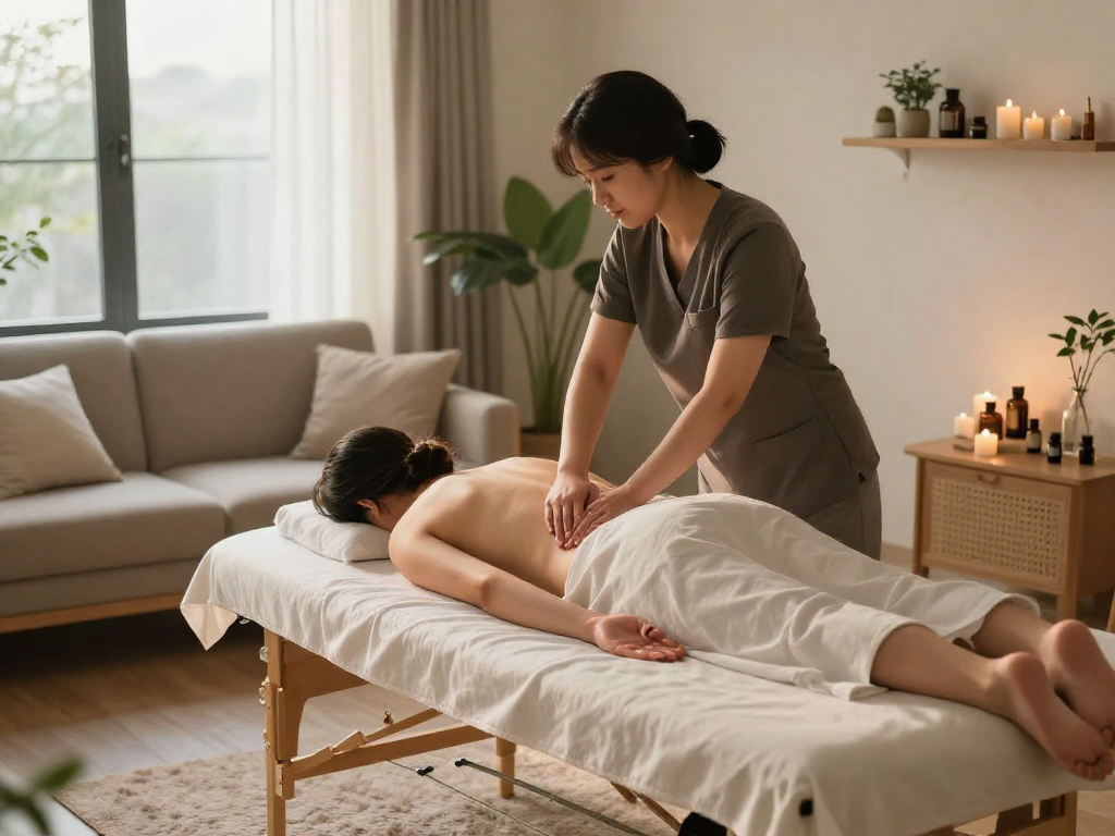 평촌출장마사지 service in a serene living room during a relaxing massage session.