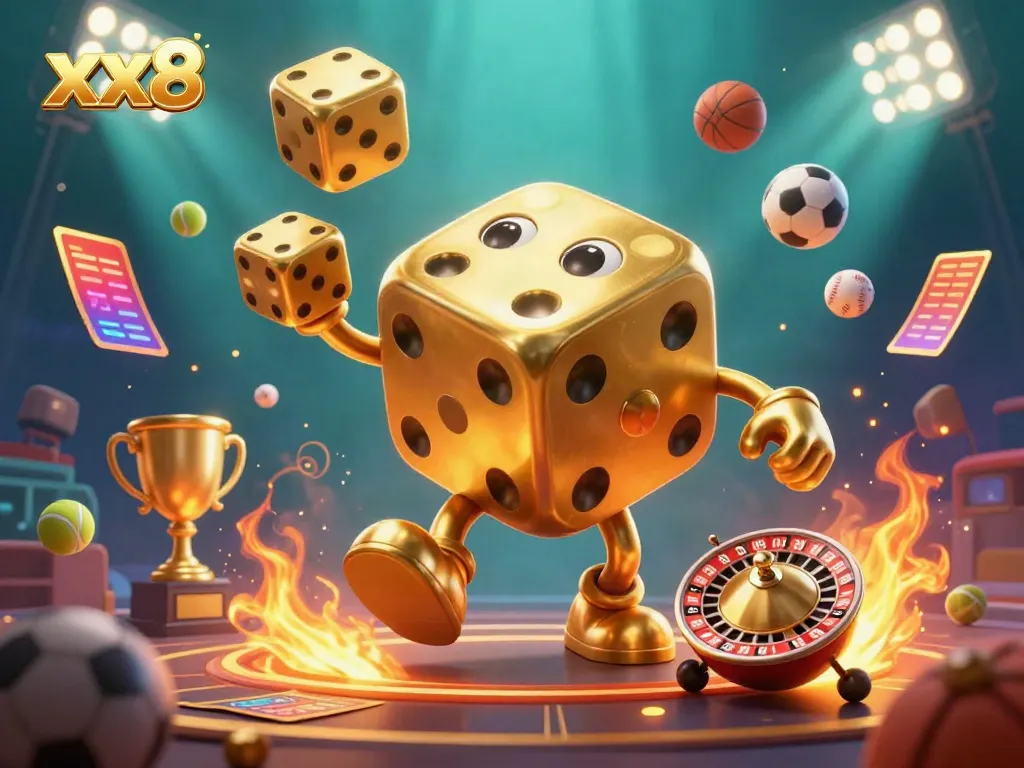 Experience the excitement of xx8 with a dynamic scene of a golden dice golem juggling dice amid sports symbols and vibrant lighting.