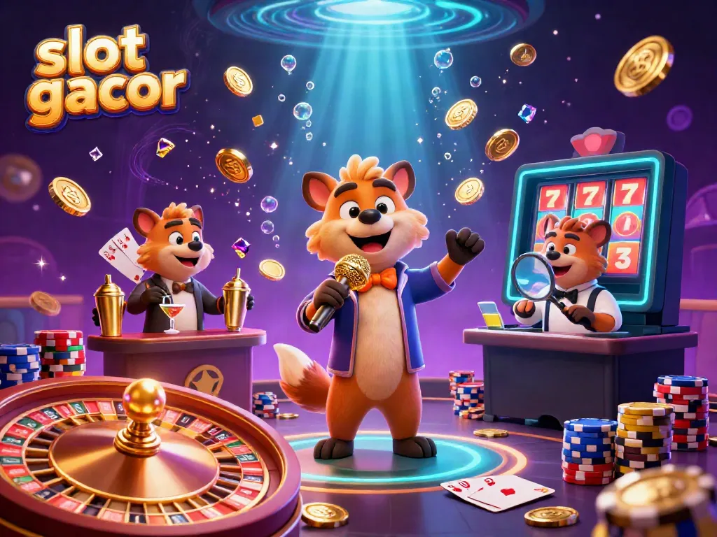 Experience the thrill of slot gacor with hyenas in a comedic casino club, surrounded by vibrant gaming elements.