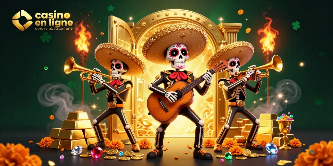 Casino en ligne avec retrait instantané : un groupe de squelettes mariachi animés jouant lors d'une fête casino.
