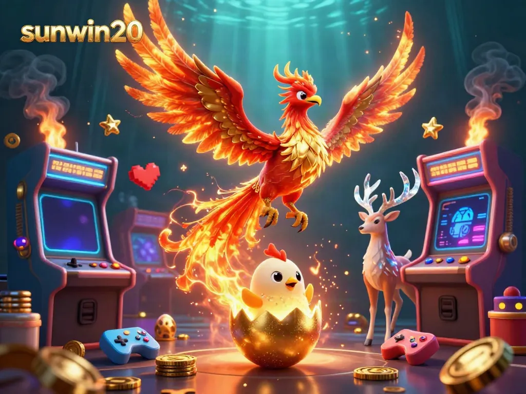 Experience the thrill of gaming with sunwin20, featuring vibrant phoenixes and 3D arcade elements.