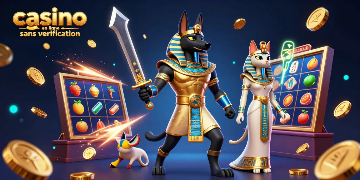 Gagnez à un casino en ligne sans vérification avec Anubis et Bastet dans une scène dynamique.